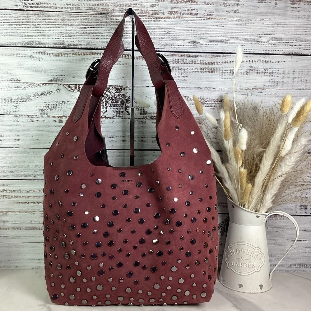 DKNY WES COLLECTION STUDDED BOHO SUEDE BAG OXBORD‎ SHOULDER HOBO PURS…